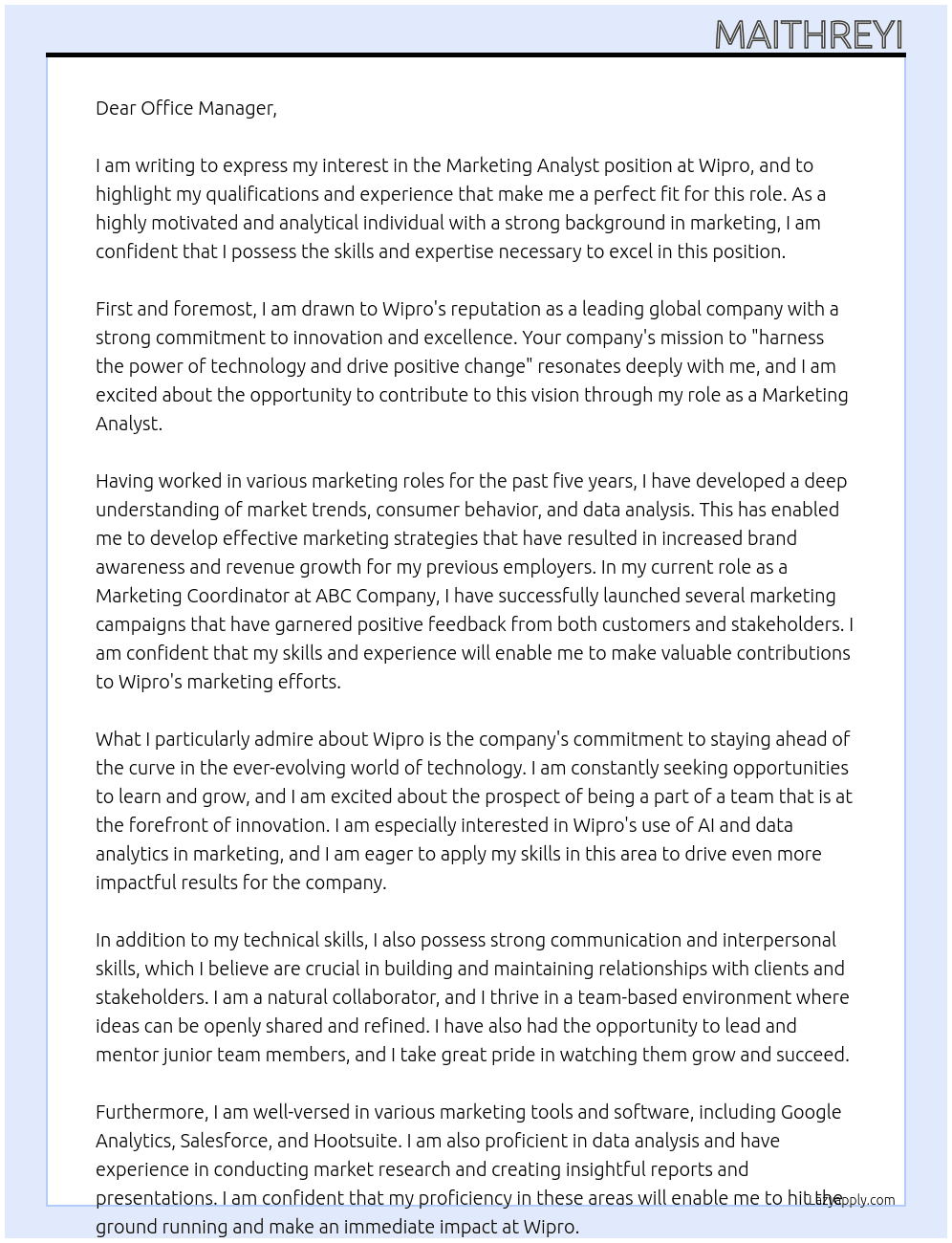 marketing analyst At Wipro Cover Letter