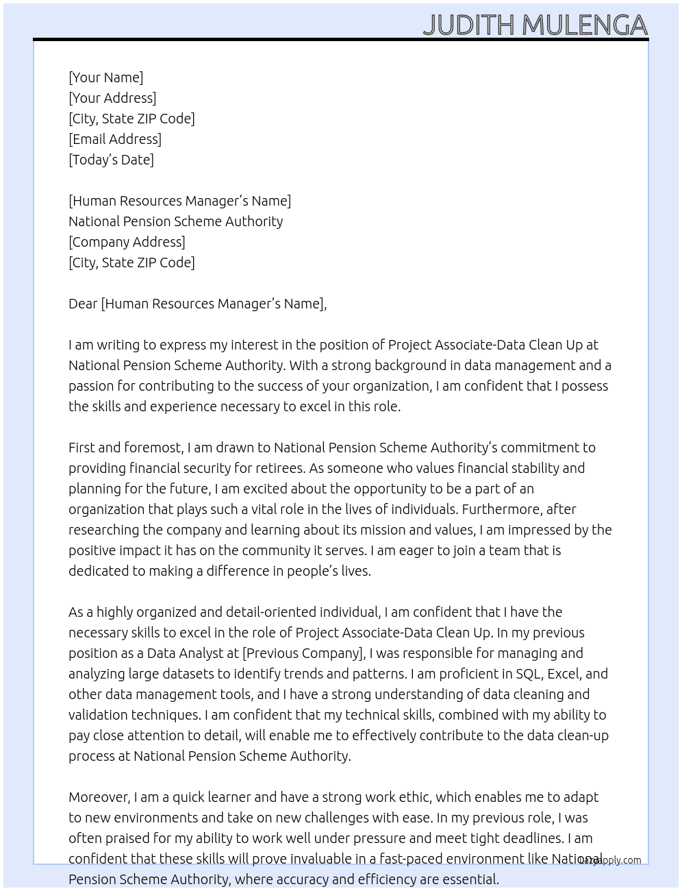 Cover letter for project associate-data clean up - LazyApply