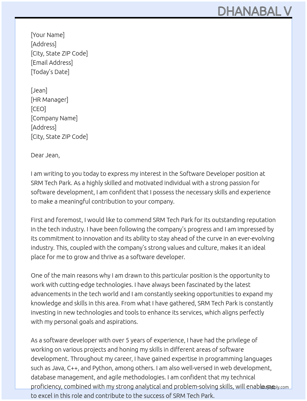 Software Developer At SRM Tech Park Cover Letter
