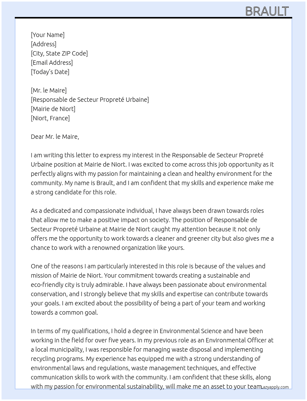 RESPONSABLE DE SECTEUR PROPRETÉ URBAINE At Mairie de Niort  Cover Letter
