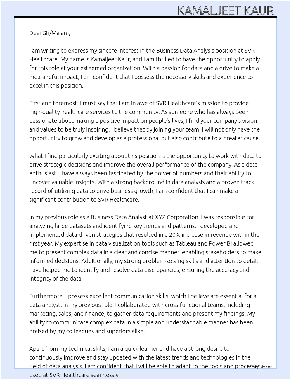 Cover letter for business data analysis - LazyApply