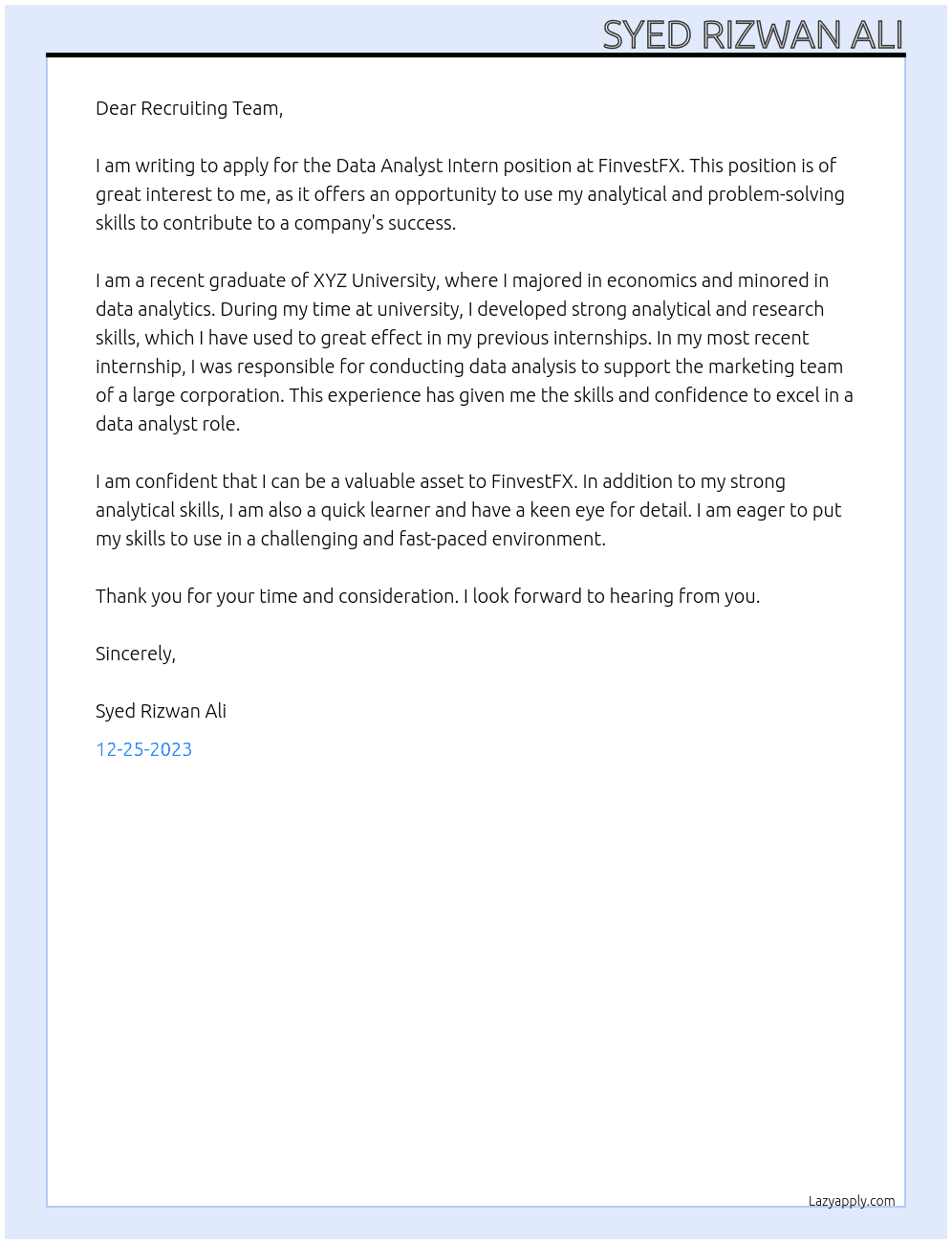 Data Analyst Intern At FinvestFX Cover Letter