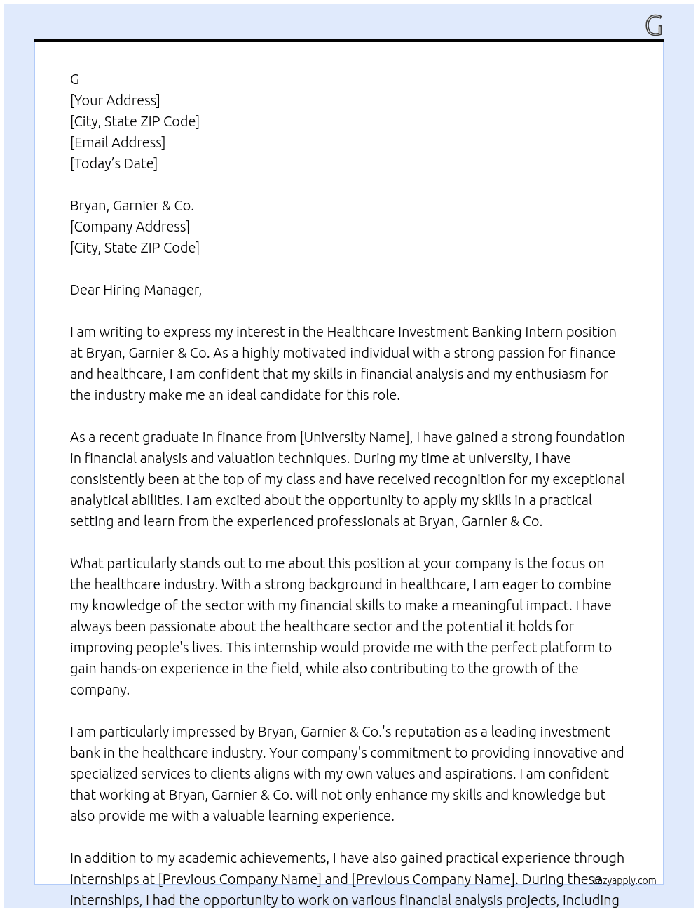 Healthcare Investment Banking Intern At Bryan, Garnier & Co. Cover Letter