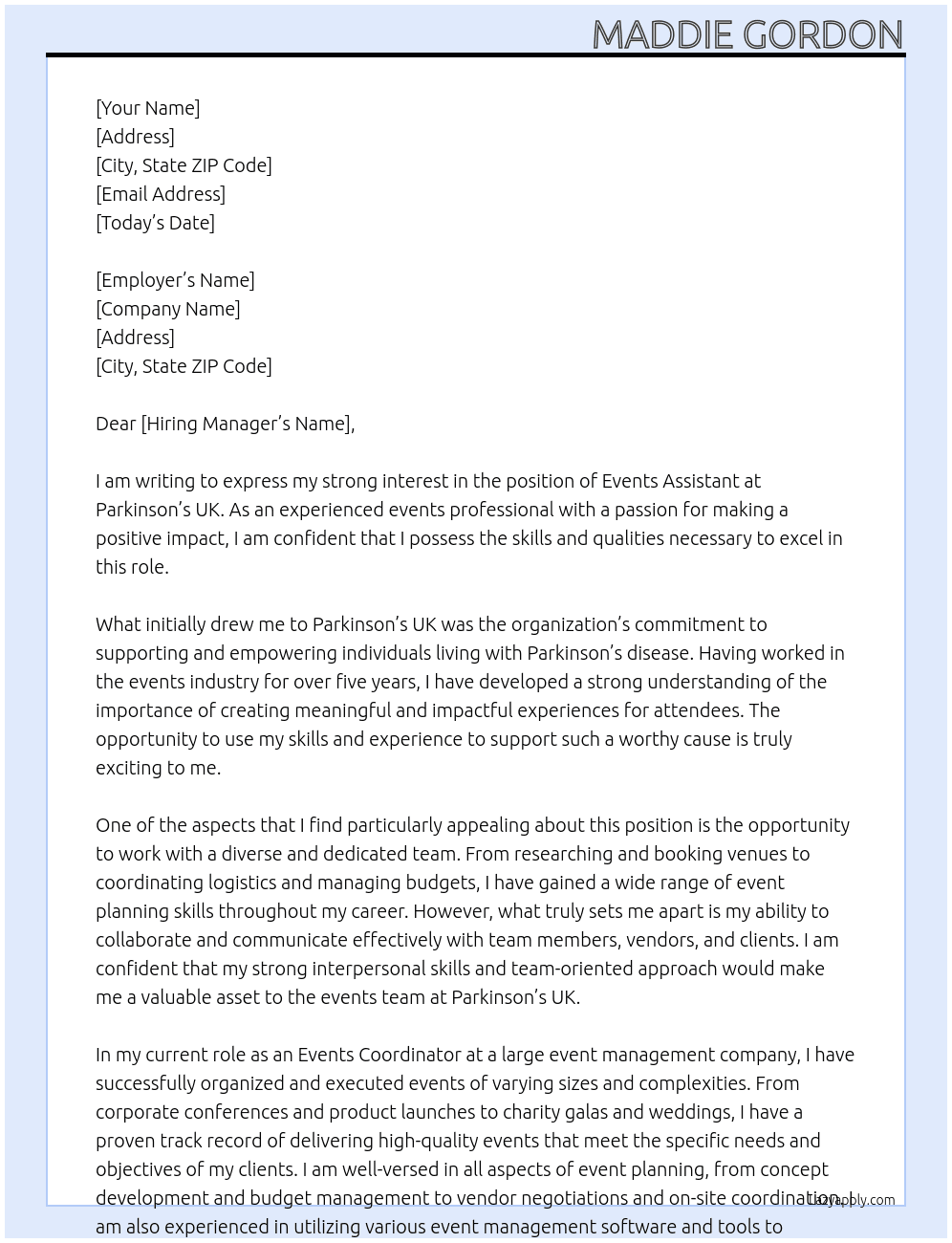 events assistant  At parkinsons uk Cover Letter
