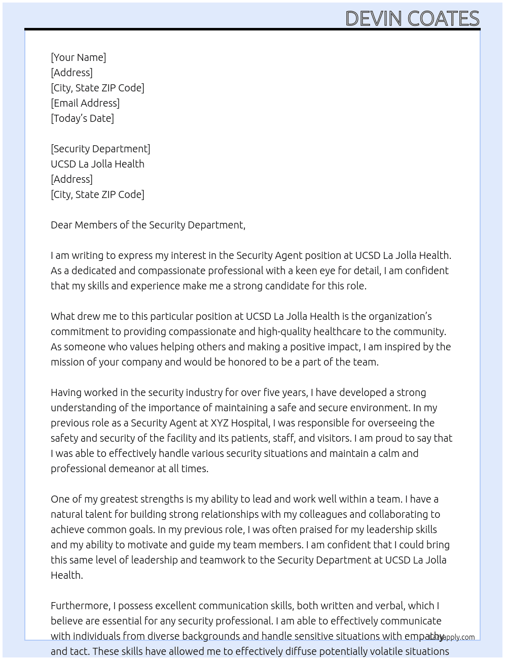 Security Agent At UCSD La Jolla Health Cover Letter