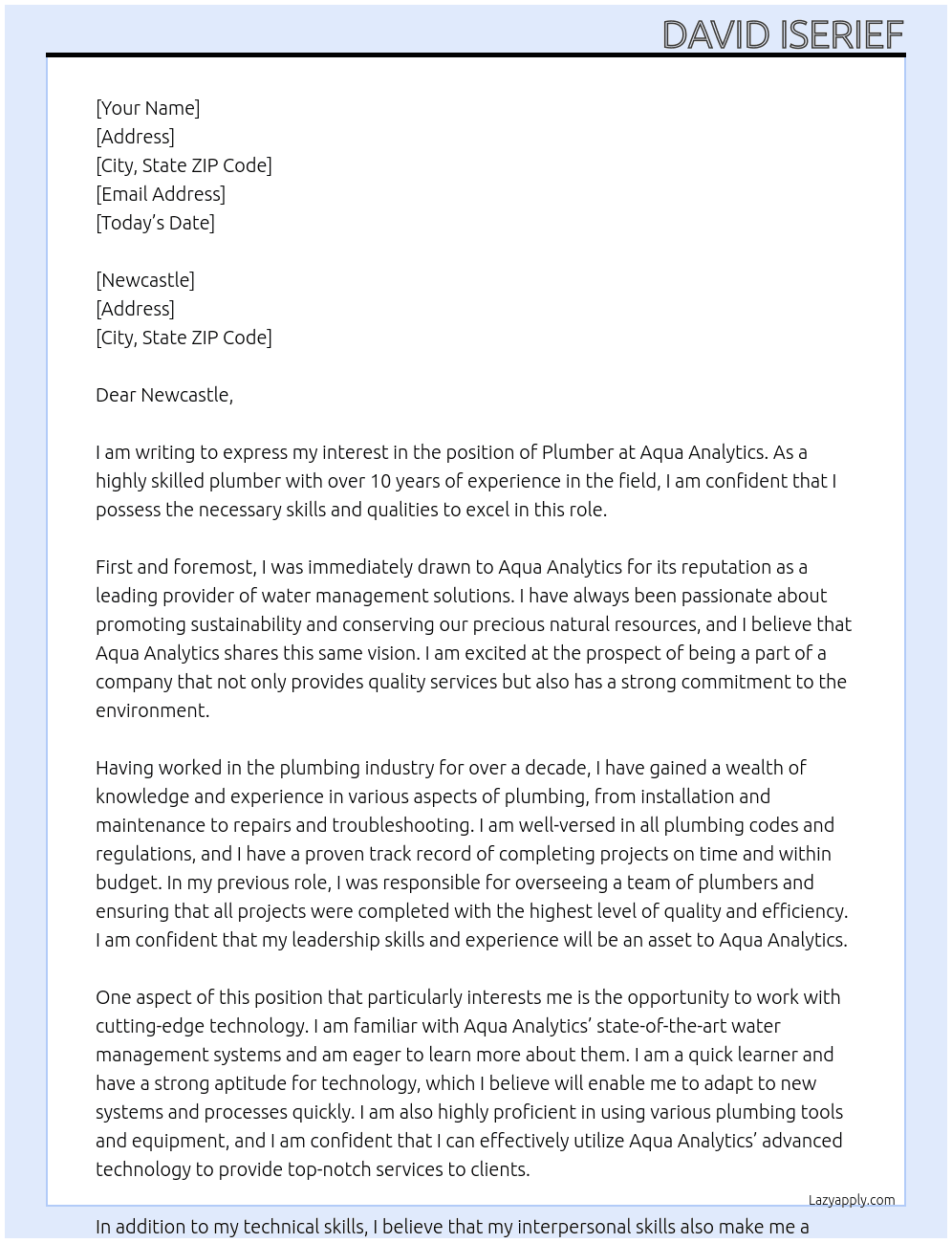 plumber  At Aqua Analytics Cover Letter