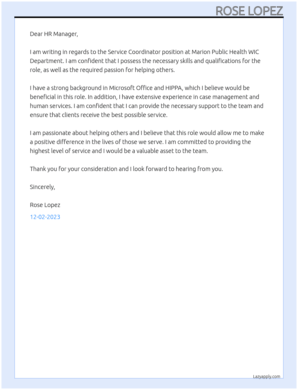Service Coordinator At Marion Public Health WIC Department Cover Letter