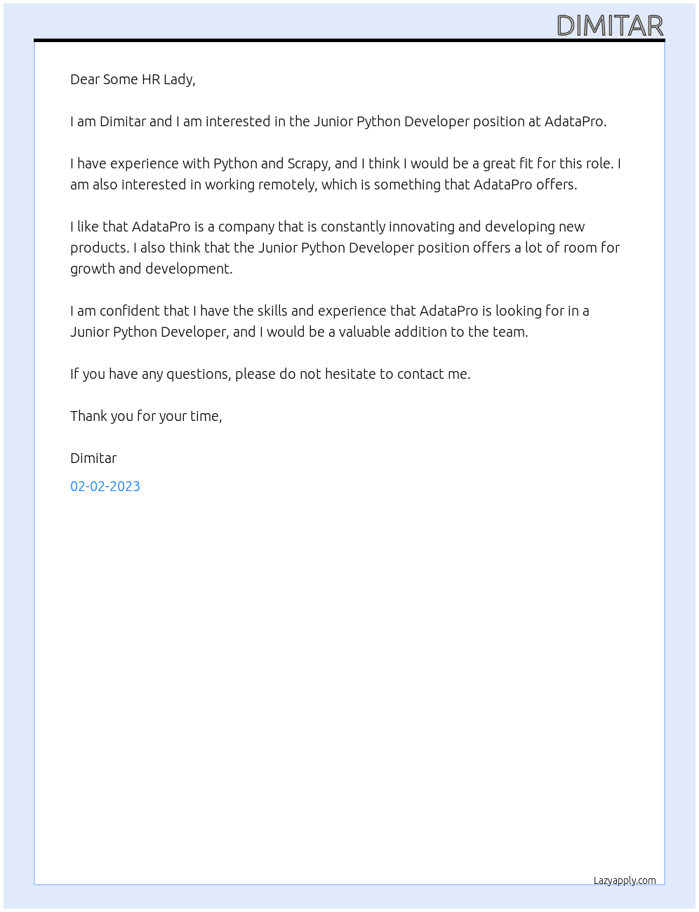 Junior Python Developer At AdataPro Cover Letter