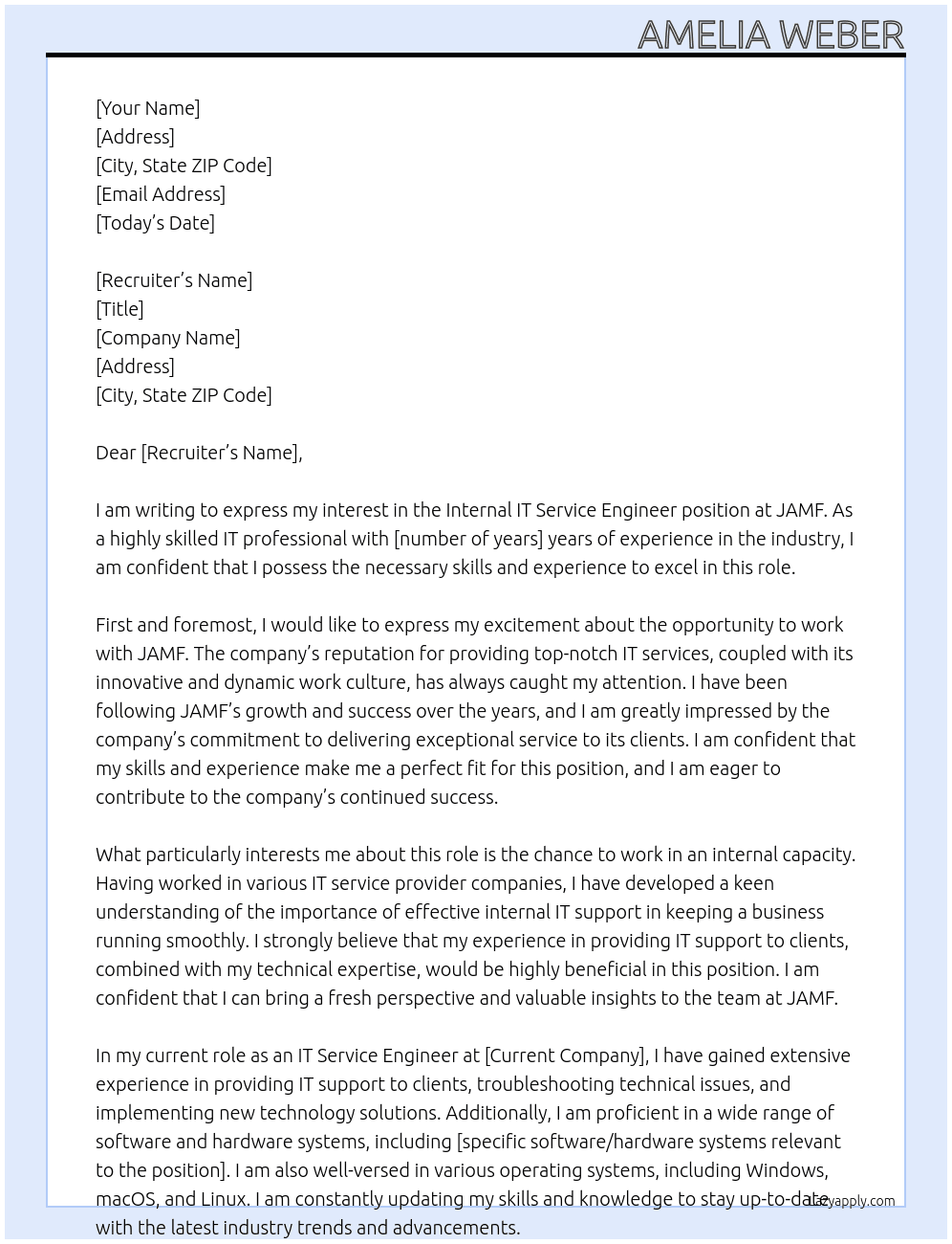 Internal IT Service Engineer At JAMF Cover Letter