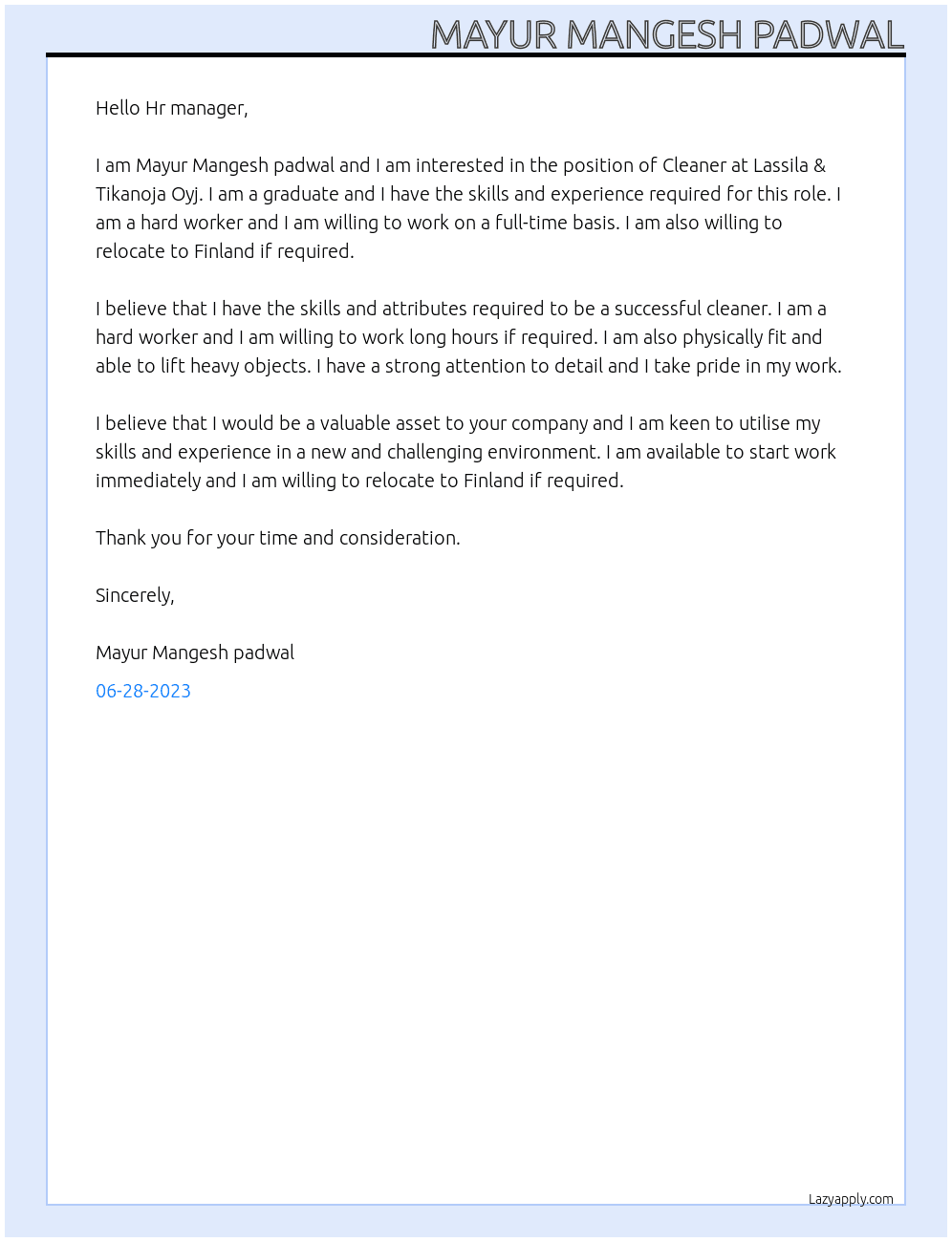 Cleaner  At Lassila & Tikanoja Oyj Cover Letter