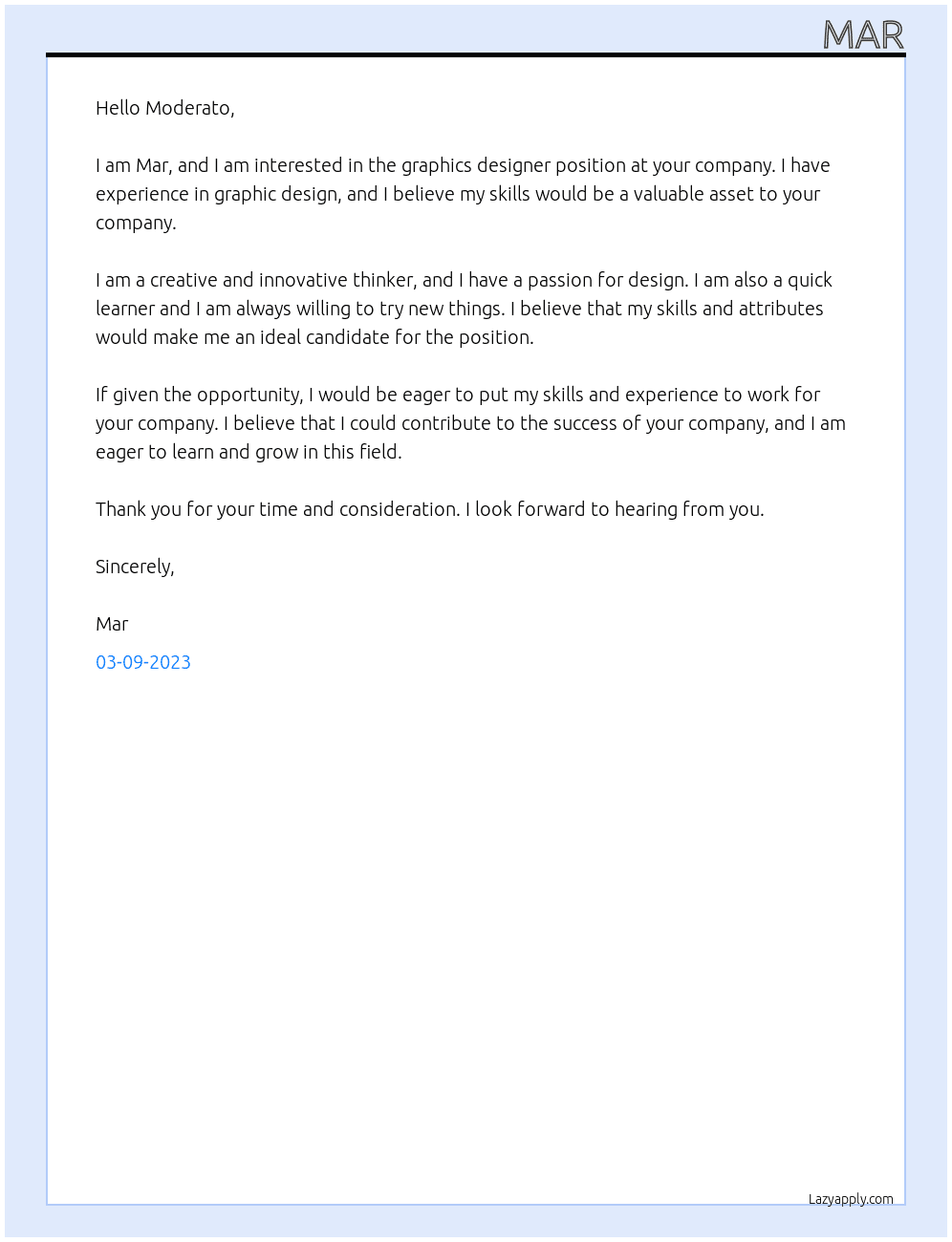 Graphics designer  At Company  Cover Letter
