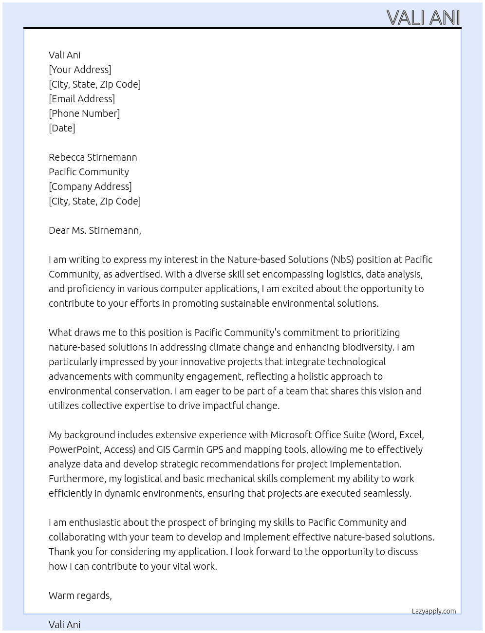 Nature-based Solutions (NbS) At Pacific Community Cover Letter