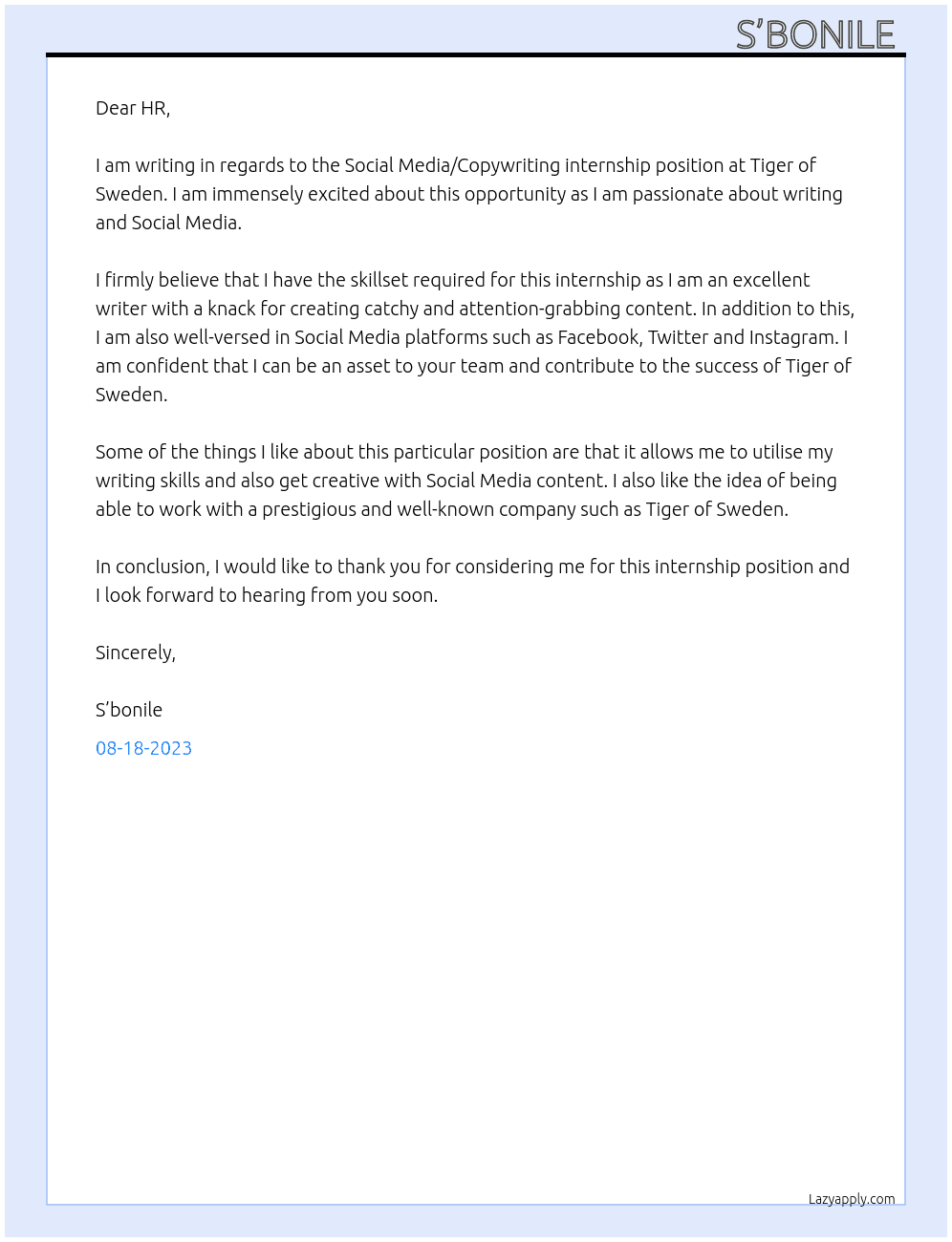 Social Media/Copywriting internship At Tiger of Sweden  Cover Letter