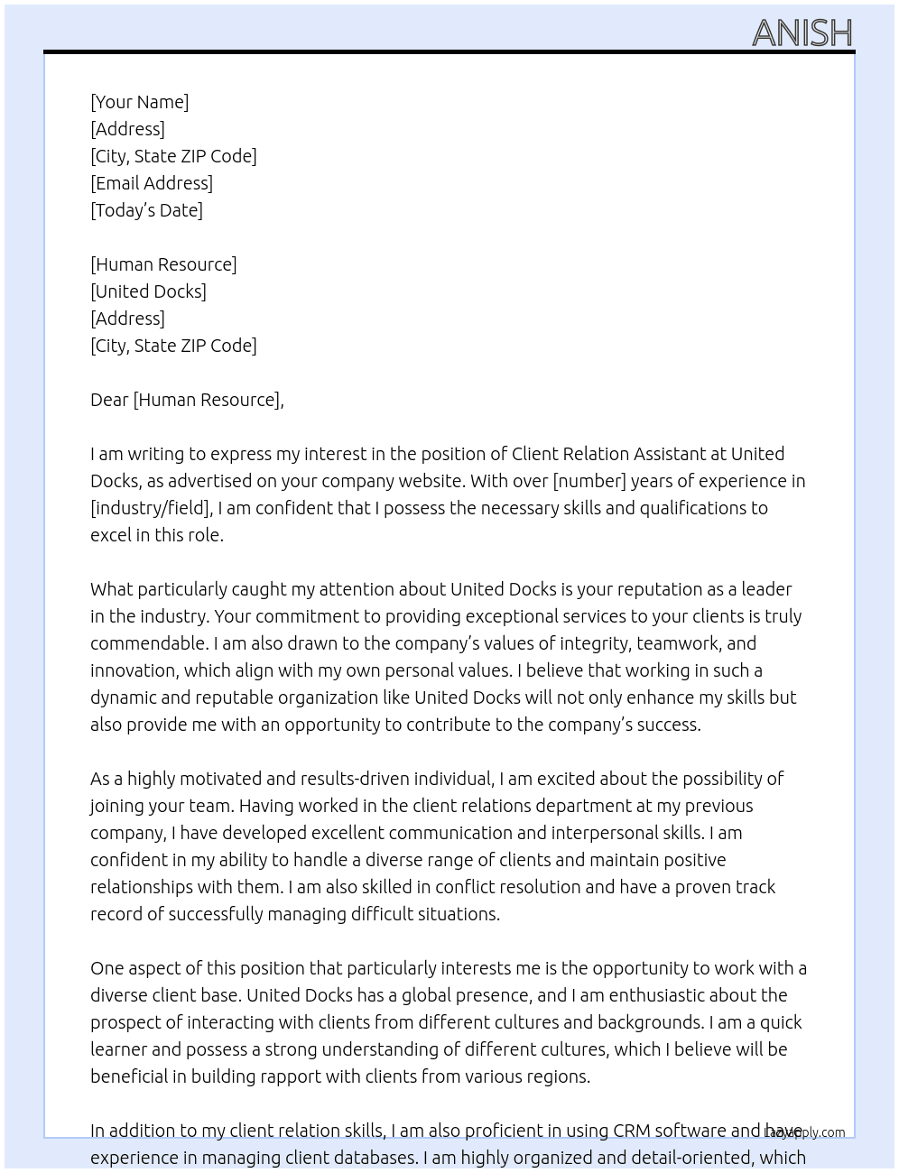 Client Relation Assistant At United Docks Cover Letter