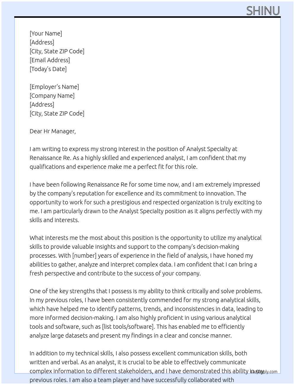 Analyst Specialty At Renaissance Re Cover Letter