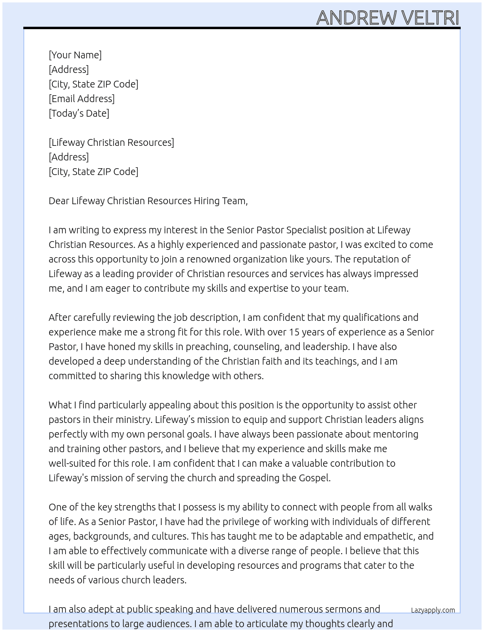 Senior Pastor Specialist At Lifeway Christian Resources Cover Letter