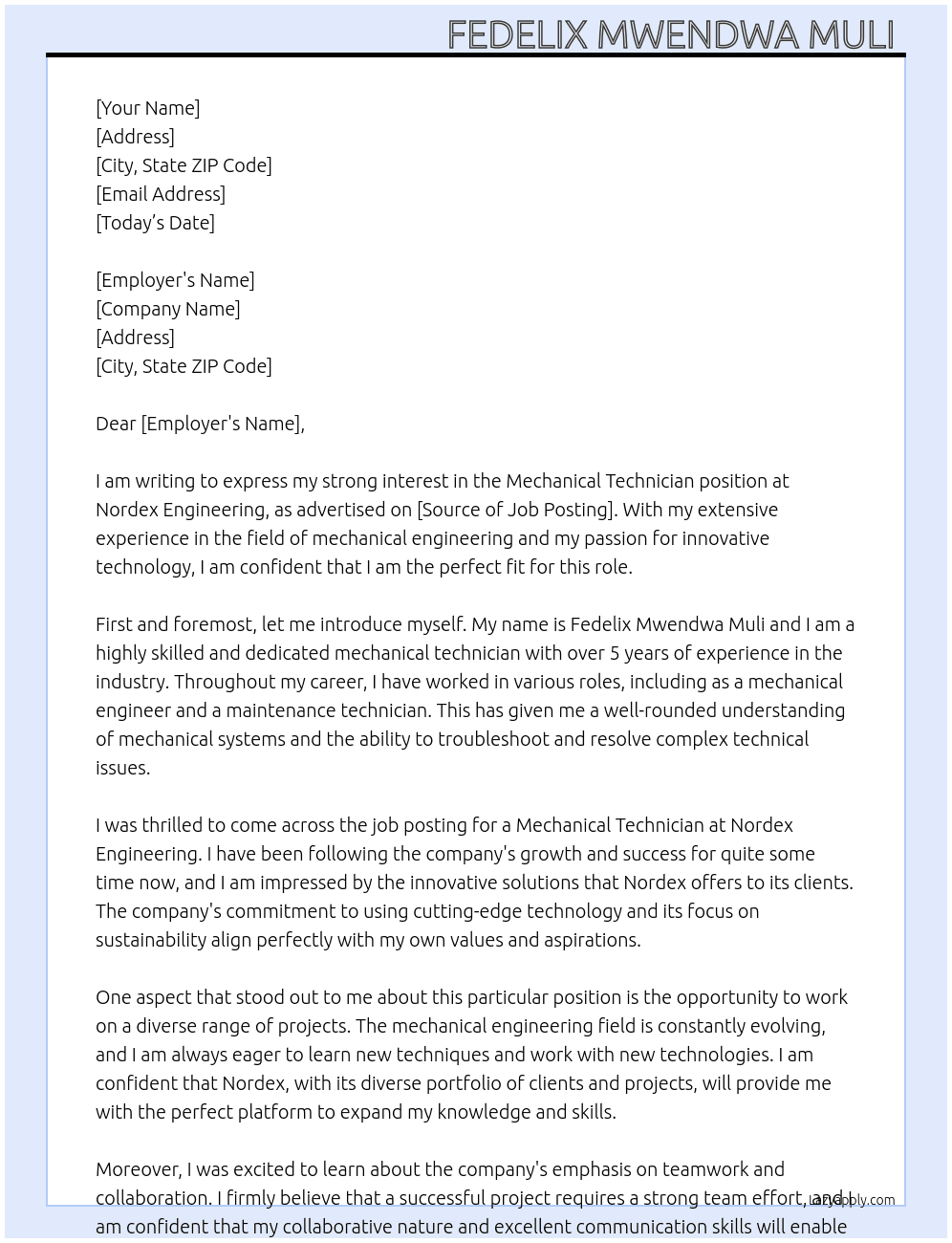 Mechanical technician  At Nordex Cover Letter