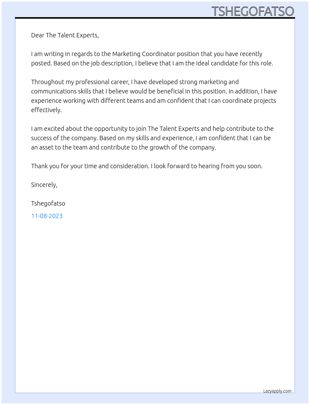 Marketing Coordinator At The Talent Experts Cover Letter