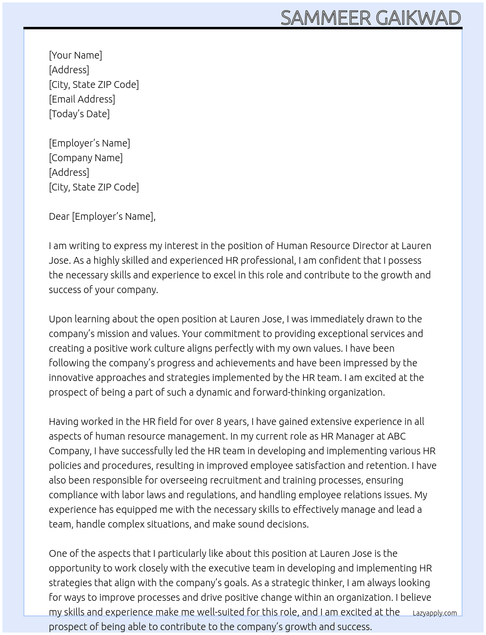 Human Resource Director At LAUREN JOSE Cover Letter