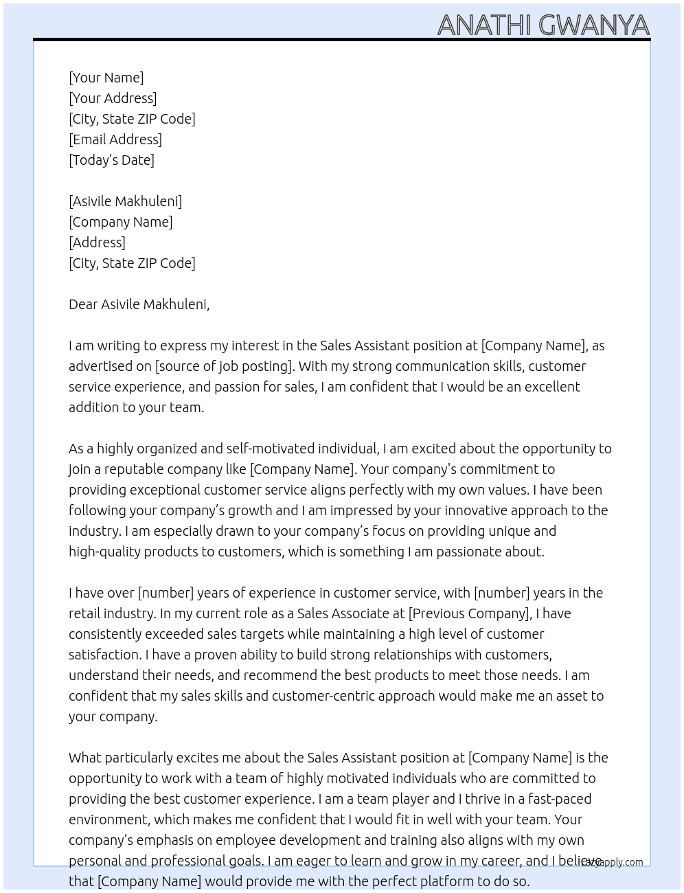 sales assistant At Anathi Gwanya Cover Letter