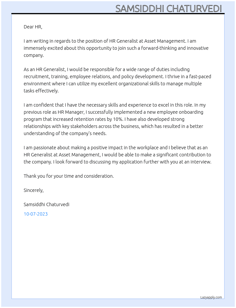 HR generalist  At Asset management  Cover Letter