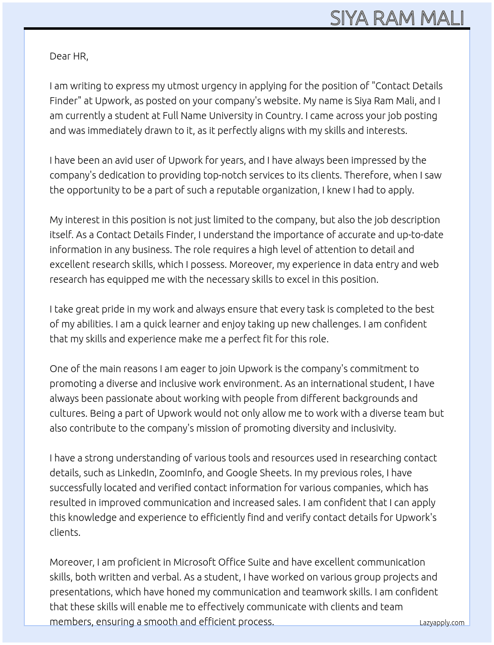 Cover letter for find contact details on behalf of full name univeristy and country - LazyApply