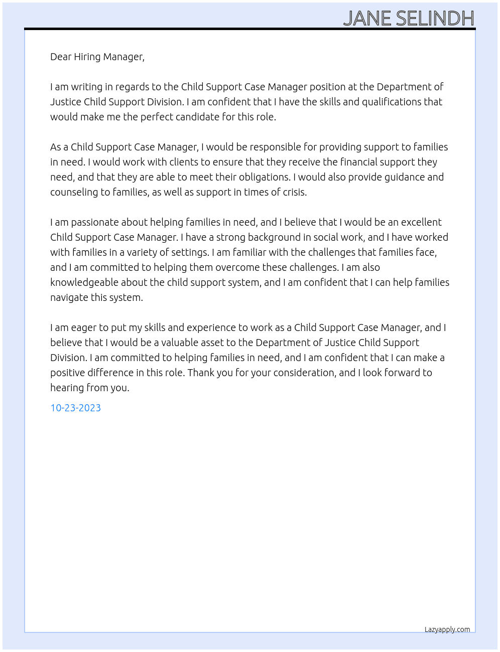 Child Support Case Manager At Department of Justice Child Support Division Cover Letter