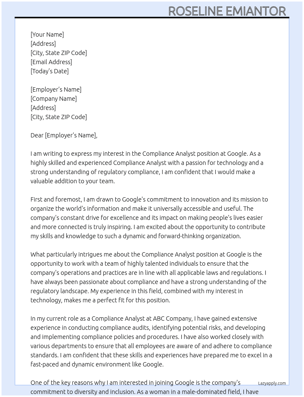 Compliance Analysts  At Google  Cover Letter