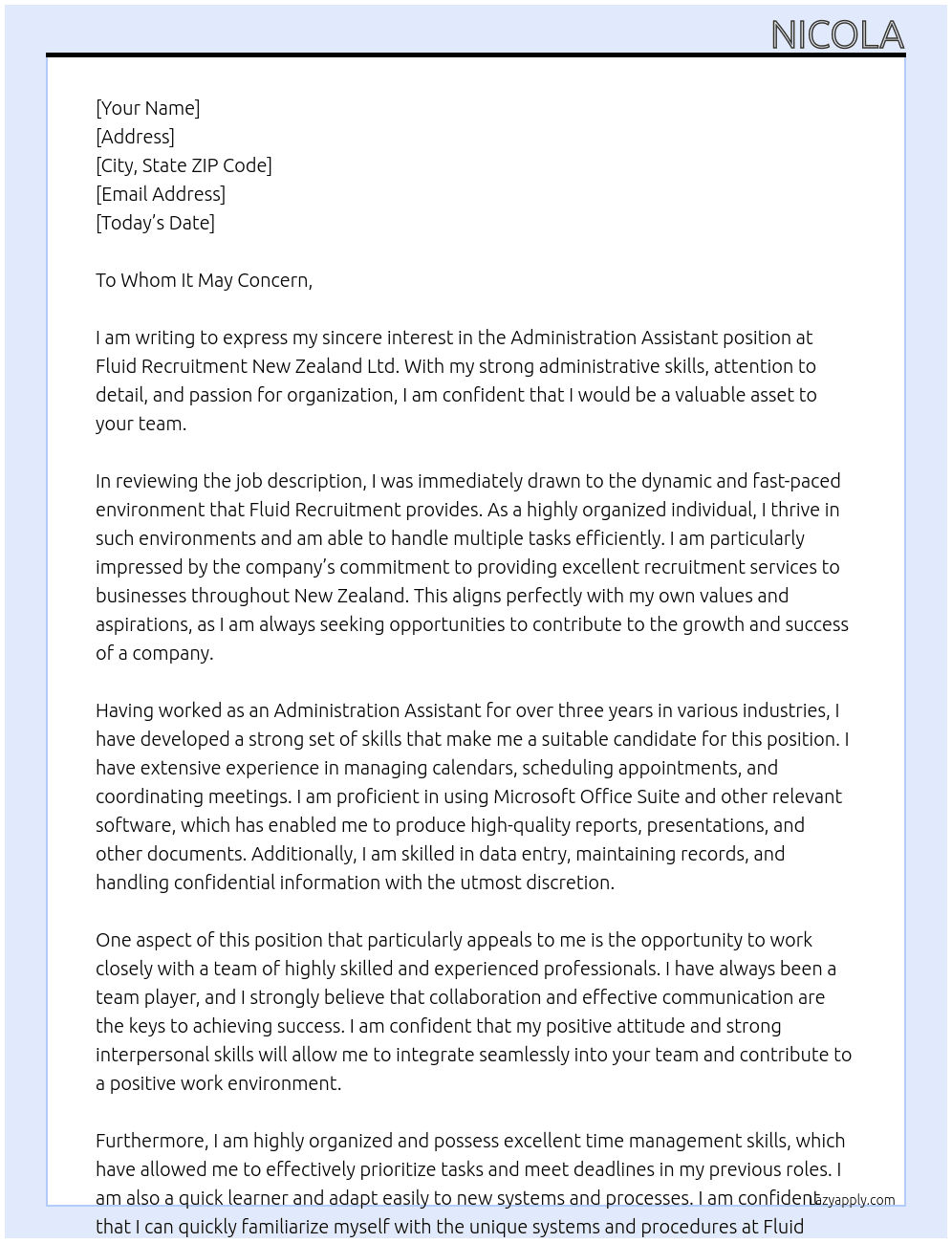 Administration Assistant At Fluid Recruitment New Zealand Ltd Cover Letter
