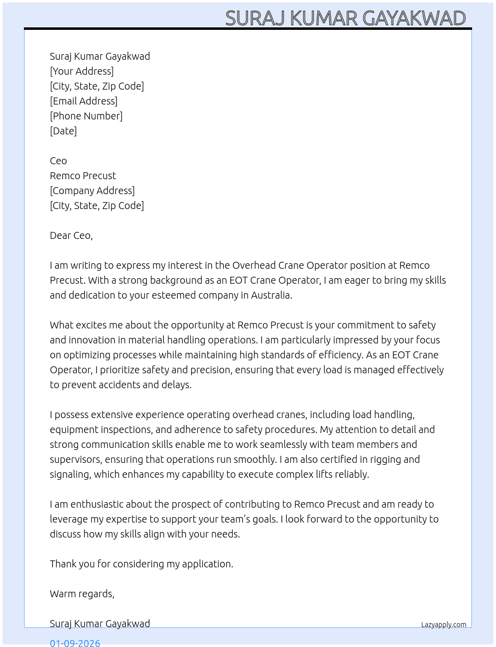 Overhead crane operator  At Remco precust Cover Letter