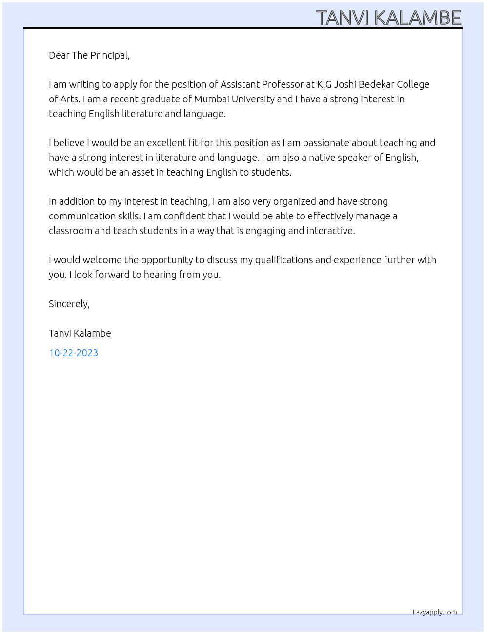 Assistant professor At K.G Joshi Bedekar College of Arts  Cover Letter