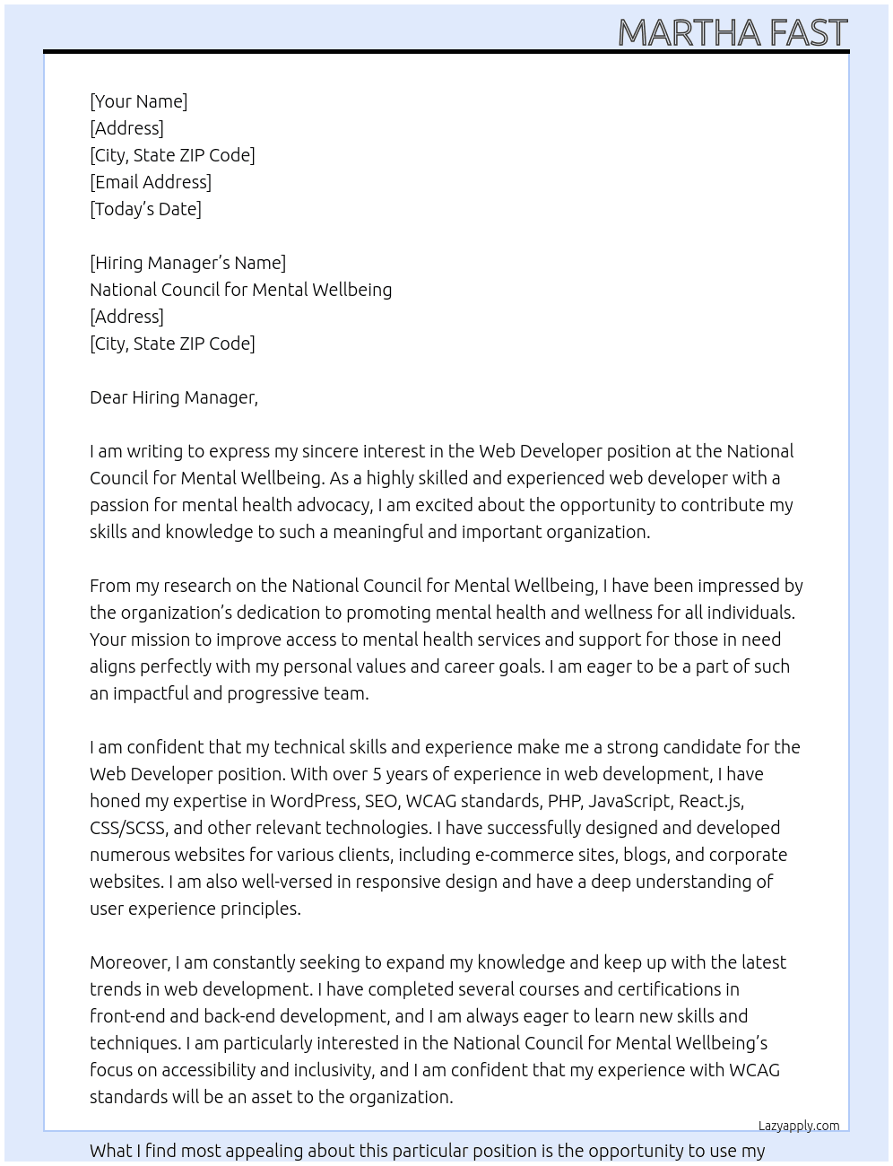 Web Developer At National Council for Mental Wellbeing Cover Letter