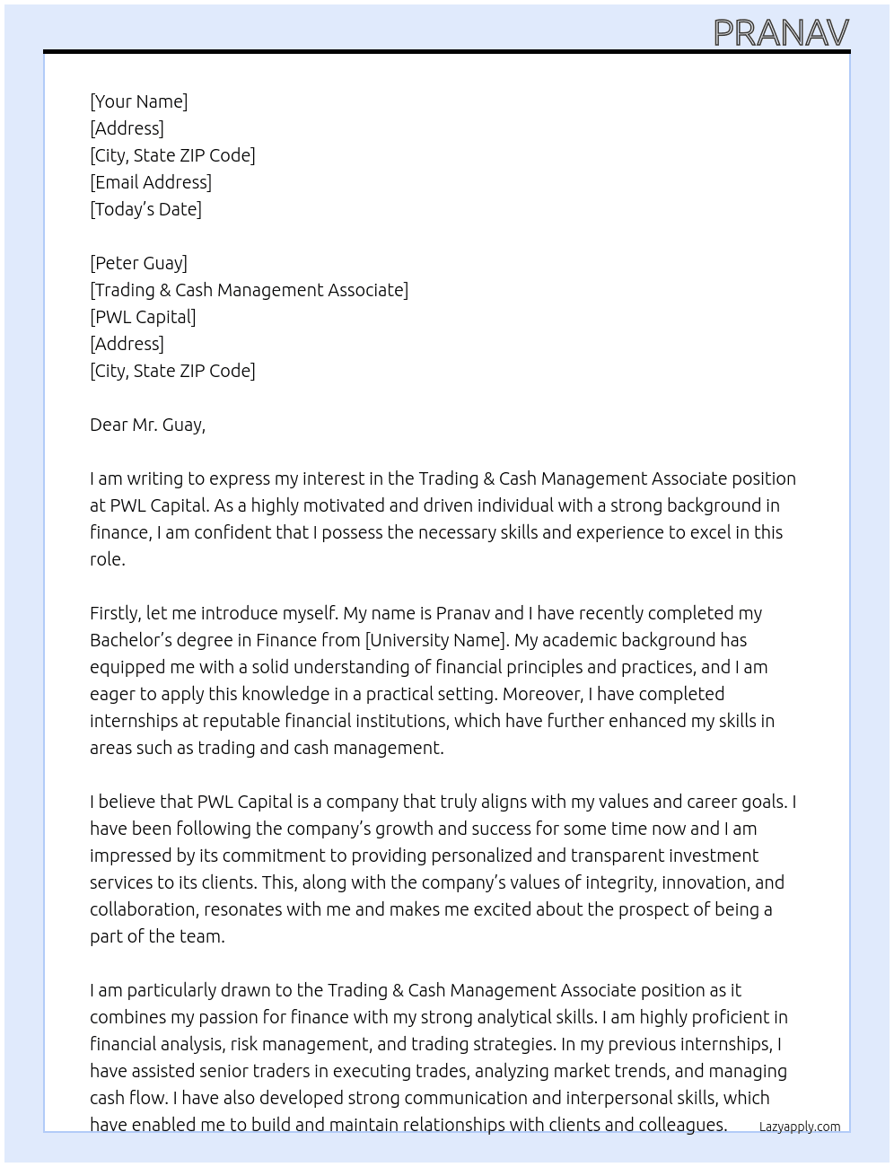 Trading & Cash Management Associate At PWL Capital Cover Letter
