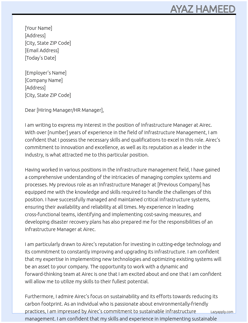 Infrastructure Manager At Airec  Cover Letter