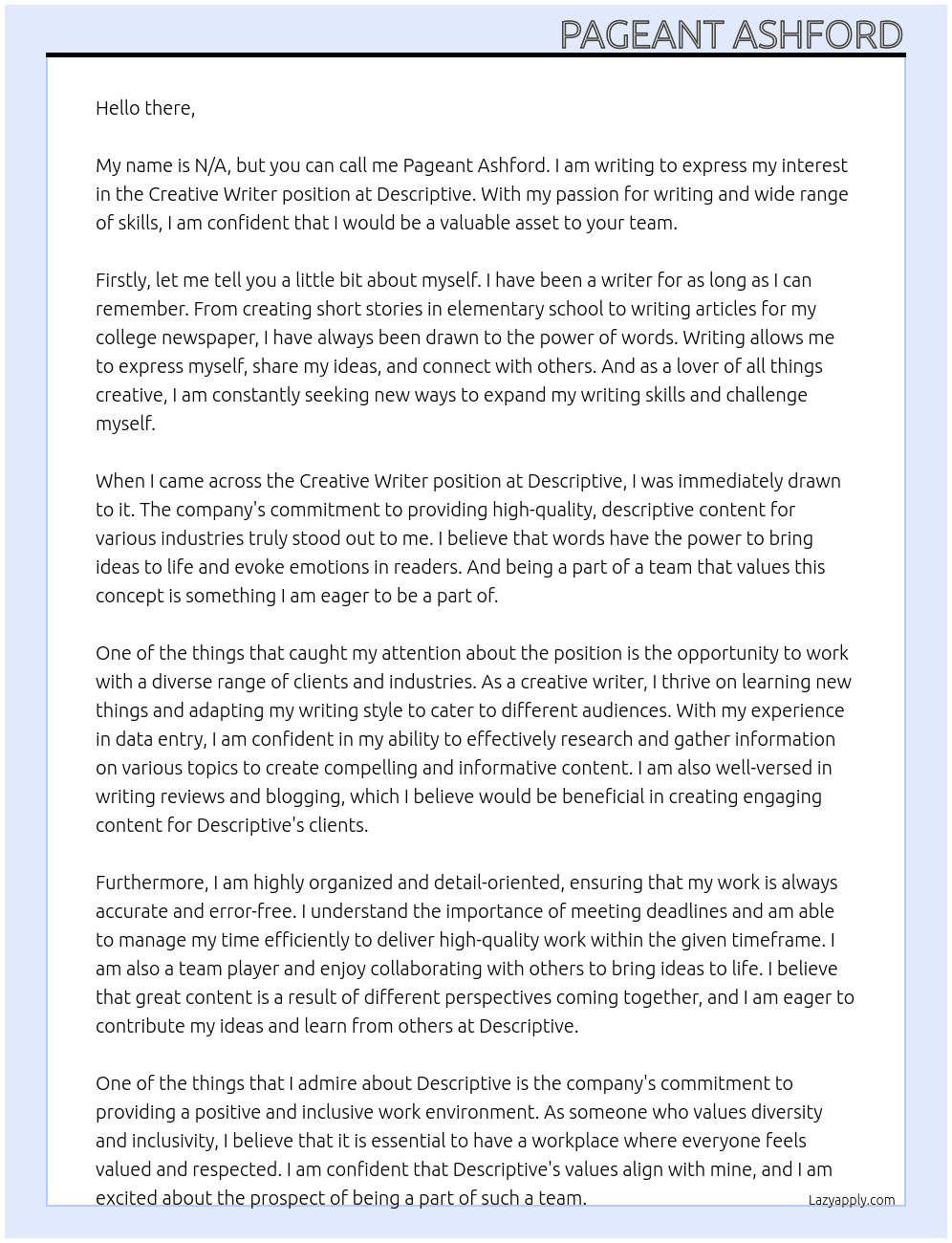 Creative Writer At Descriptive Cover Letter