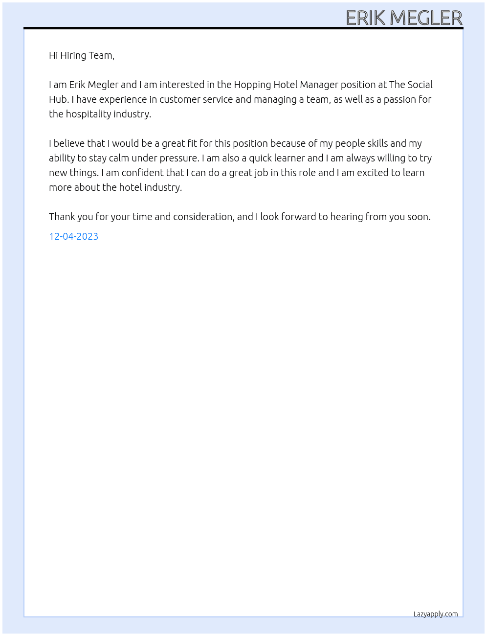 Hopping Hotel Manager At The Social Hub Cover Letter