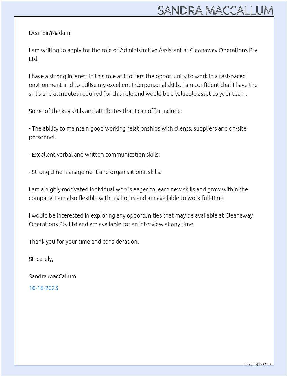 Admininstrative Assistant At Cleanaway Operations Pty Ltd Cover Letter