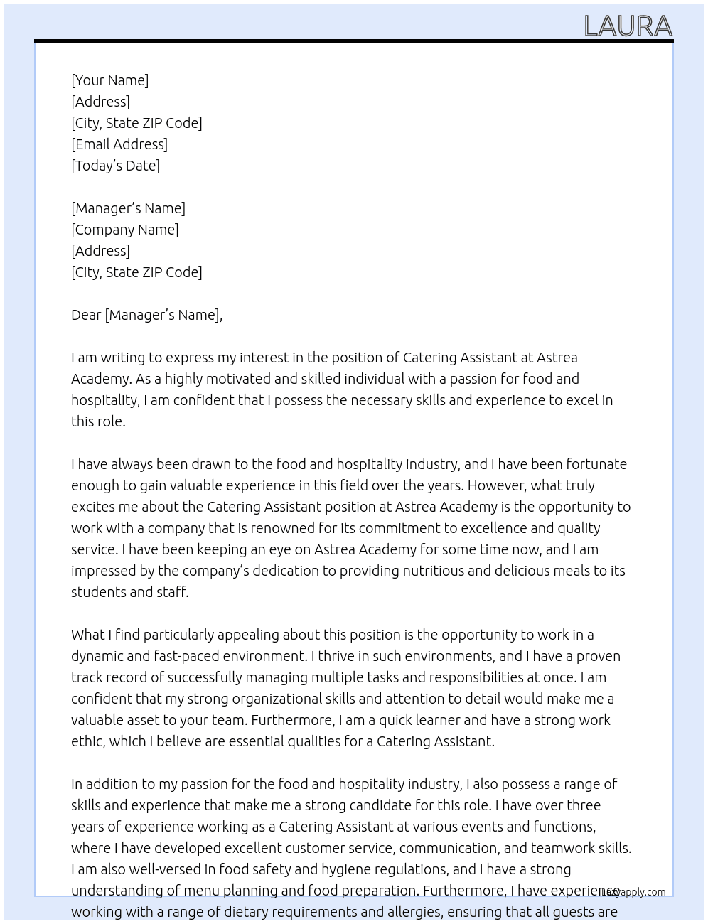 catering assistant At Astrea Academy Cover Letter