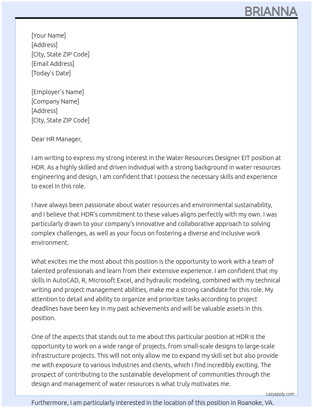 Water Resources Designer EIT At HDR Cover Letter