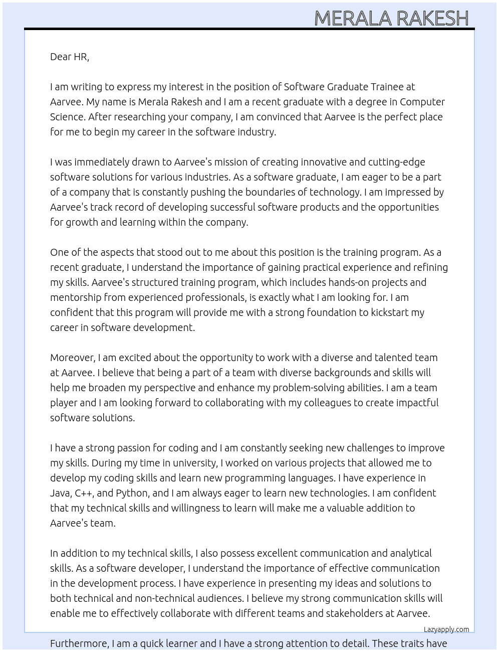 Cover letter for software graduate trainee - LazyApply