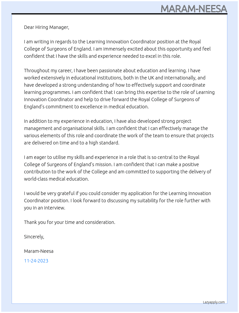 Learning Innovation Coordinator At Royal College of Surgeons of England Cover Letter