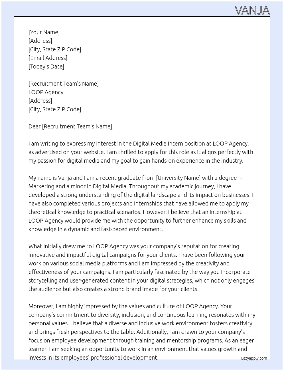 Digital Media Intern At LOOP Agency Cover Letter