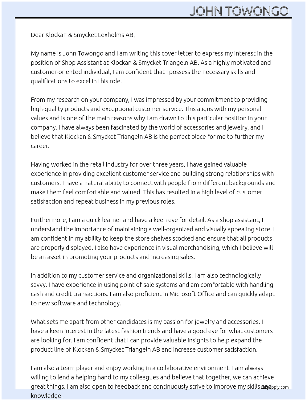 Shop assistant At Klockan & Smycket Triangeln AB Cover Letter