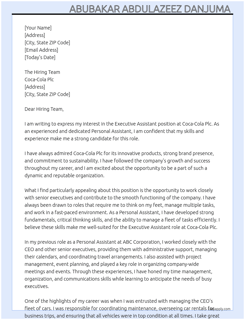 Executive assistant  At Coca-Cola plc Cover Letter