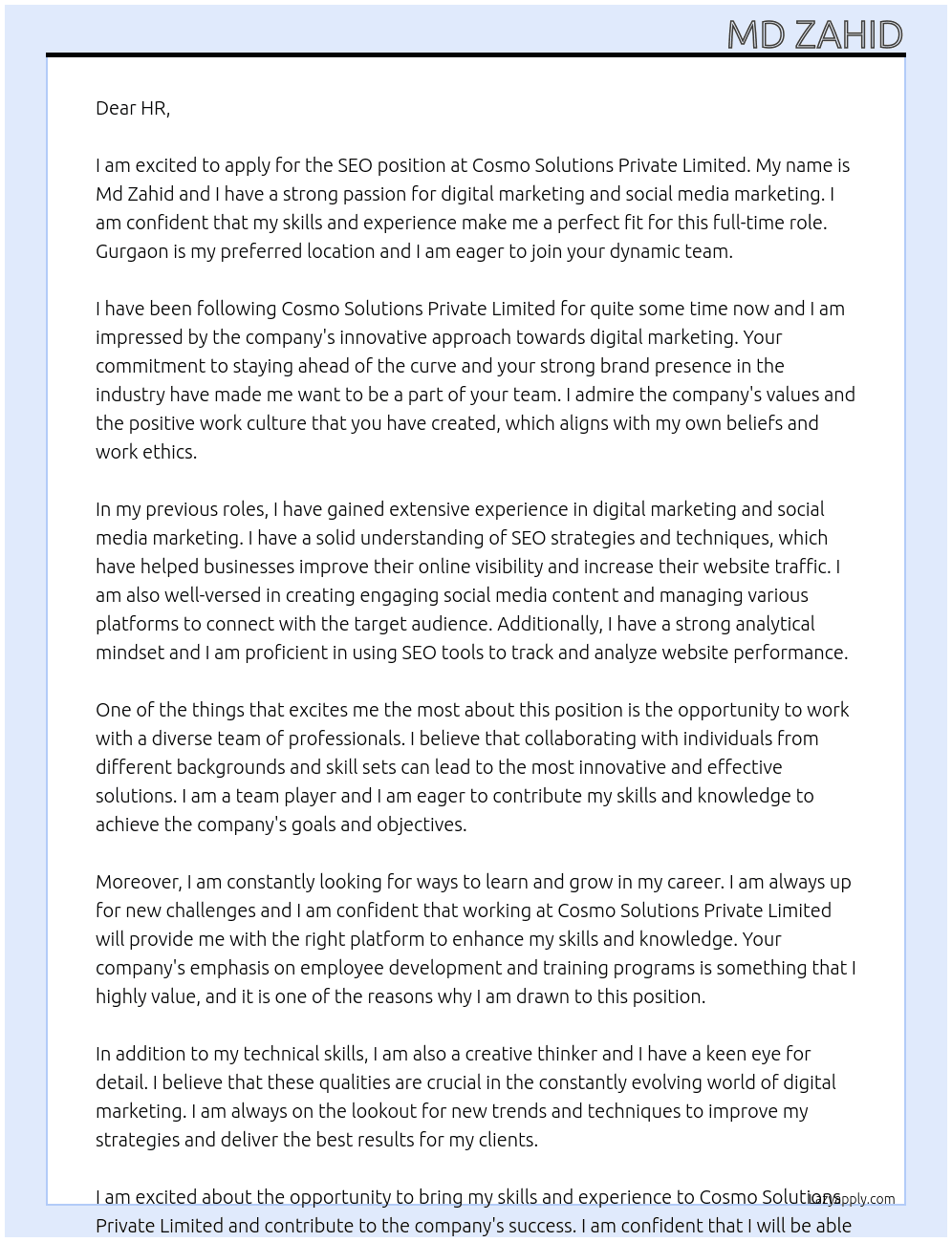 SEO At Cosmo Solutions Private Limited Cover Letter