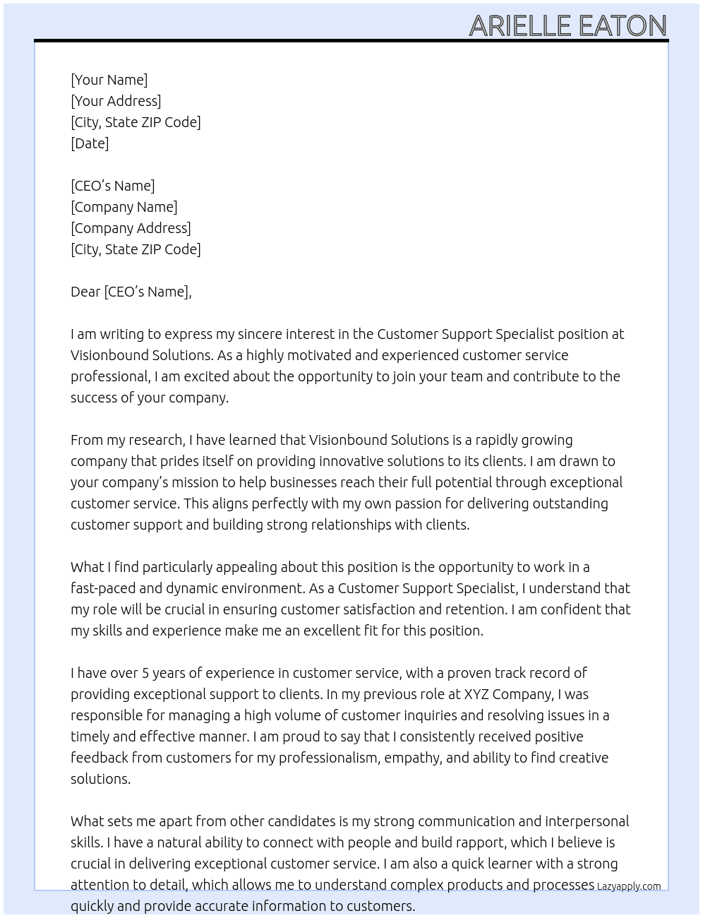 Customer Support Specialist At Visionbound Soultions Cover Letter