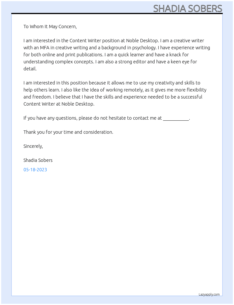 Content Writer At Noble Desktop Cover Letter