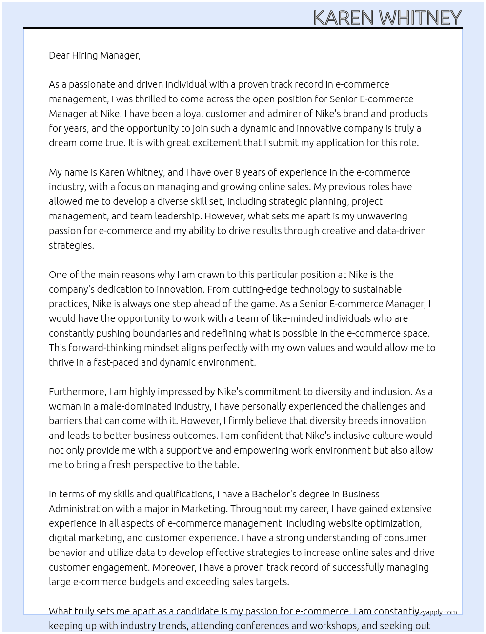 Senior Eccomerce Manager At nike Cover Letter