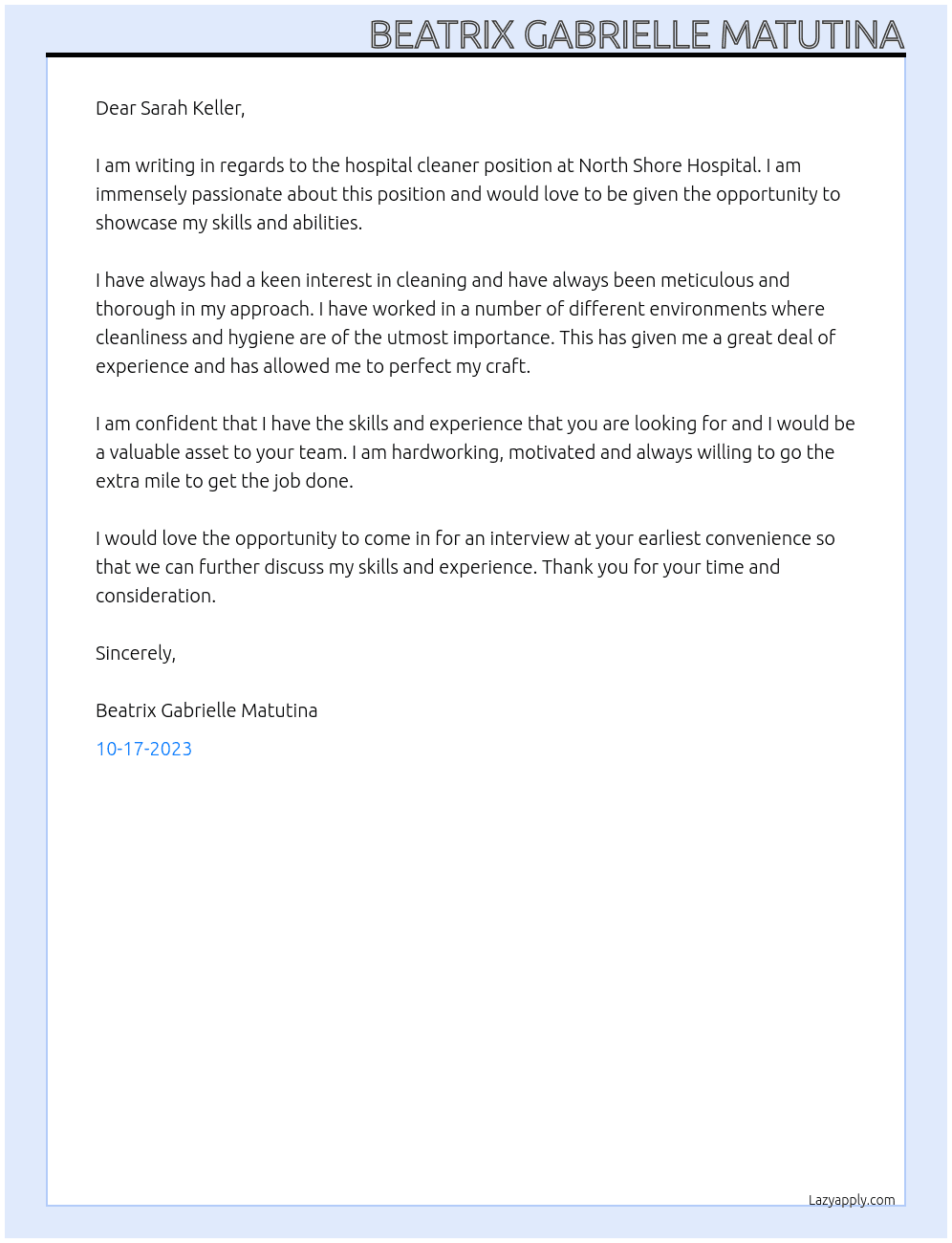 Hospital Cleaner At North Shore Hospital Cover Letter