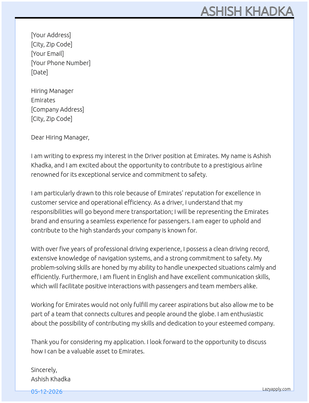 Driver At Emirates Cover Letter